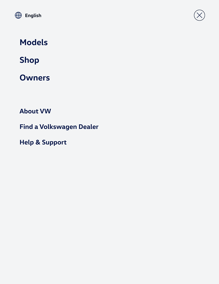 Redesigned vw.com primary navigation